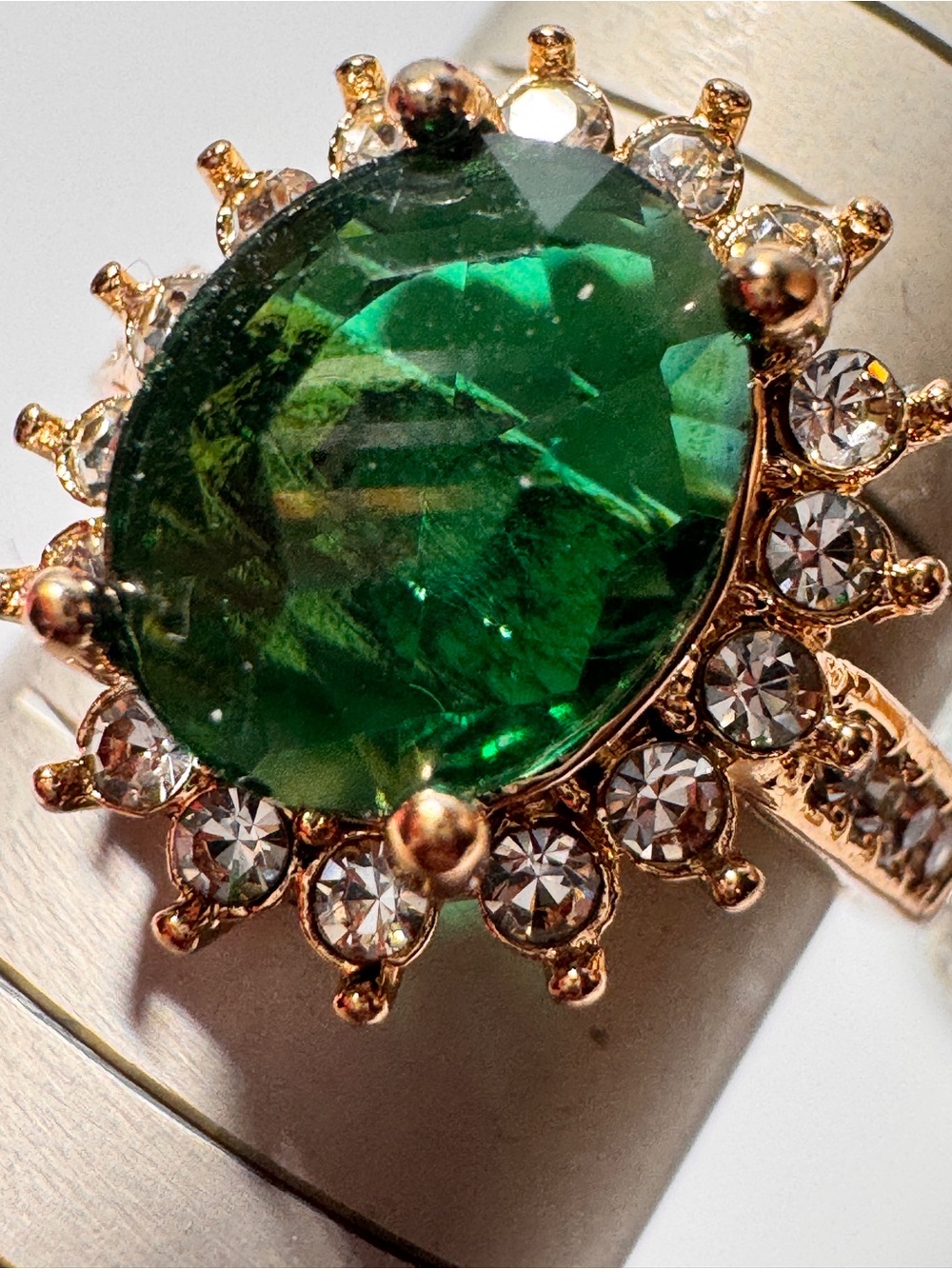Green Crystal Halo Ring in Rose Gold